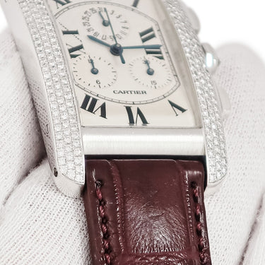 腕時計 カルティエ Cartier タンクアメリカン クロノリフレックス LM クオーツ メンズ K18WG無垢 純正ダイヤ 青針 デイト