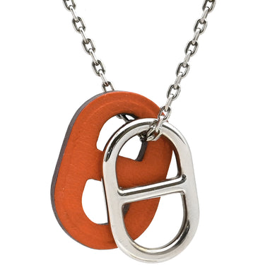 エルメス HERMES オーマイヨン PM オレンジXシルバー レザー メタル ネックレス シェーヌダンクルモチーフ