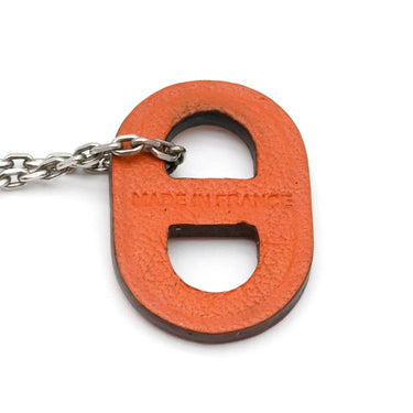 エルメス HERMES オーマイヨン PM オレンジXシルバー レザー メタル ネックレス シェーヌダンクルモチーフ