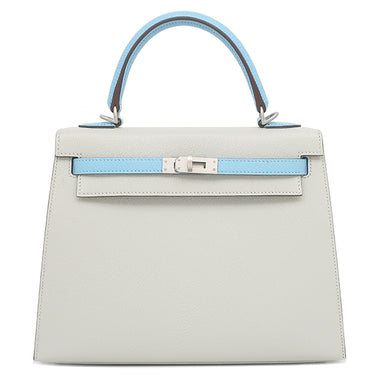 エルメス HERMES ケリー25 外縫い パールグレー×セレスト シェーブル 2WAYバッグ マットシルバー金具 【PO品】 水色 ハンドバッグ ショルダー