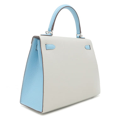 エルメス HERMES ケリー25 外縫い パールグレー×セレスト シェーブル 2WAYバッグ マットシルバー金具 【PO品】 水色 ハンドバッグ ショルダー