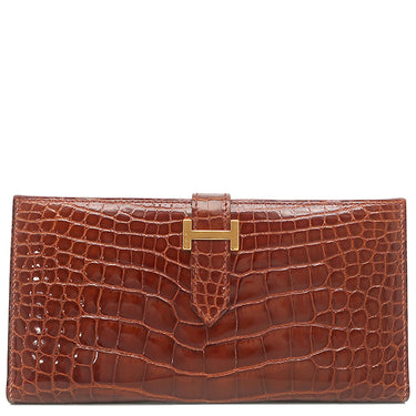 エルメス HERMES ベアンクラシック ブラウン系 アリゲーター 長財布 ゴールド金具 茶 クロコ 二つ折り財布