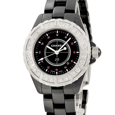 腕時計 シャネル CHANEL J12 H1634 クオーツ レディース ダイヤ 純正ルビー ブラックセラミック 黒 逆回転防止ベゼル デイト