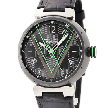 腕時計 ルイヴィトン LOUIS VUITTON タンブール オトマティック ダミエグラフィット レース QA131Z 自動巻き メンズ 黒 緑 Vロゴ