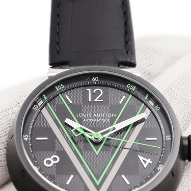 腕時計 ルイヴィトン LOUIS VUITTON タンブール オトマティック ダミエグラフィット レース QA131Z 自動巻き メンズ 黒 緑 Vロゴ