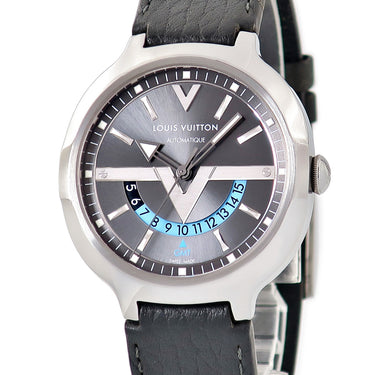 腕時計 ルイヴィトン LOUIS VUITTON ヴォヤジャー GMT Q7D30 自動巻き メンズ グレー 水色 バー Vマーク デュアルタイム