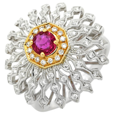 カール・ブラックバーン CARL BLACKBURN ダイヤ ルビー ホワイトゴールド×レッド K18WG ダイヤモンド ルビー リング 指輪 ホワイトゴールド Au750 18K ドーム型 フラワーモチーフ 透かし彫り 13号