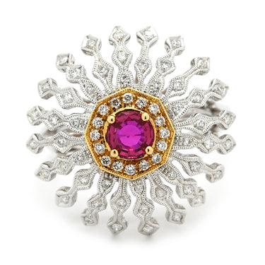 カール・ブラックバーン CARL BLACKBURN ダイヤ ルビー ホワイトゴールド×レッド K18WG ダイヤモンド ルビー リング 指輪 ホワイトゴールド Au750 18K ドーム型 フラワーモチーフ 透かし彫り 13号