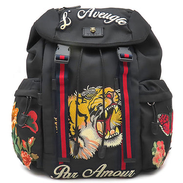 グッチ GUCCI エンブロイダリー バックパック 429037 ブラック ナイロン リュック・デイパック ブラック金具 黒 タイガー