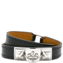 エルメス HERMES リヴァル ドゥブルトゥール ブラック レザー メタル ブレスレット シルバー金具 レザーブレス 二重 二連 スタッズ