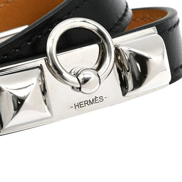 エルメス HERMES リヴァル ドゥブルトゥール ブラック レザー メタル ブレスレット シルバー金具 レザーブレス 二重 二連 スタッズ