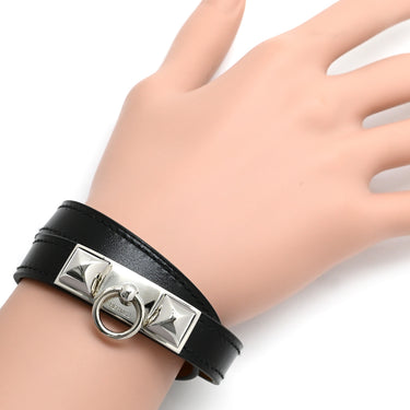 エルメス HERMES リヴァル ドゥブルトゥール ブラック レザー メタル ブレスレット シルバー金具 レザーブレス 二重 二連 スタッズ