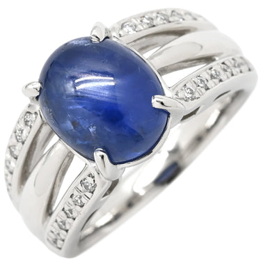 ノンブランド NON BRAND ブルースターサファイア ダイヤ ブルー×プラチナシルバー Pt900 サファイア ダイヤモンド リング 指輪 6.08ct オーバルカボションカット Pt900 プラチナム 青 天然石 サイドストーン 11.5号