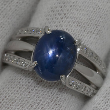 ノンブランド NON BRAND ブルースターサファイア ダイヤ ブルー×プラチナシルバー Pt900 サファイア ダイヤモンド リング 指輪 6.08ct オーバルカボションカット Pt900 プラチナム 青 天然石 サイドストーン 11.5号