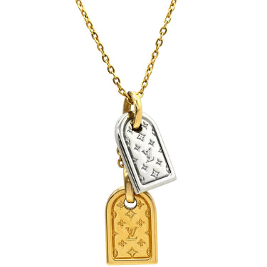 ルイヴィトン LOUIS VUITTON ナノグラム M63141 ゴールド×シルバー メタル GP ネックレス モノグラムフラワー ネームタグモチーフ