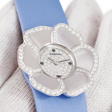 腕時計 シャネル CHANEL カメリア H1190 クオーツ レディース メーカーOH済 K18WG無垢 純正ダイヤ&ブラックダイヤ 花