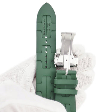 エルメス HERMES 純正 アップルウォッチ 44 45 46 49 mm用 キリム カーキ ラバー ステンレススチール 腕時計パーツ ラバー ベルト 35ｍｍ 緑 バックル付き