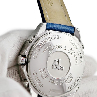 腕時計 ジェイコブ JACOB&CO 5タイムゾーン ワールドマップ JC-124D クオーツ メンズ 純正ダイヤ パヴェ シェル ブルー GMT デイト