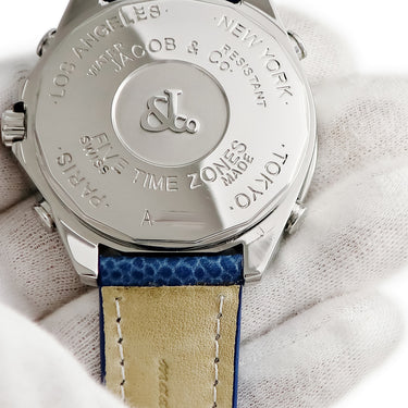 腕時計 ジェイコブ JACOB&CO 5タイムゾーン ワールドマップ JC-124D クオーツ メンズ 純正ダイヤ パヴェ シェル ブルー GMT デイト