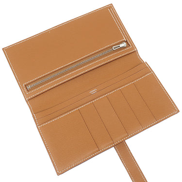 エルメス HERMES ベアンスフレ ゴールド ヴォーエプソン 長財布 シルバー金具 茶 二つ折り財布