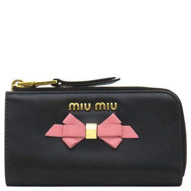 ミュウミュウ MIU MIU リボン付き キーケース 2B61 ブラック カーフ キーケース ゴールド金具 黒 ピンク 小銭入れ