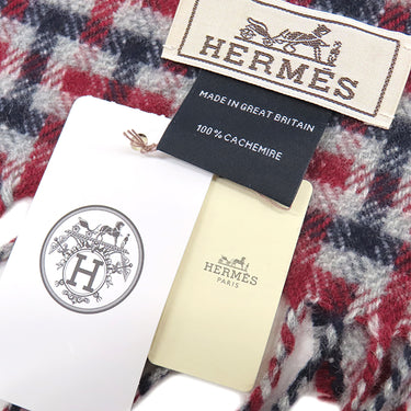 エルメス HERMES Ｈエコセ マリン×ボルドー カシミヤ マフラー 新品 未使用 紺 赤 ロゴ刺繡