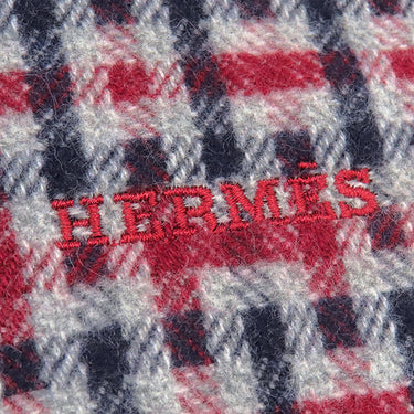 エルメス HERMES Ｈエコセ マリン×ボルドー カシミヤ マフラー 新品 未使用 紺 赤 ロゴ刺繡