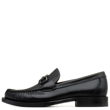 フェラガモ FERRAGAMO FORT ガンチーニ 0762695 ブラック レザー カウハイド 7 1/2 ローファー シルバー金具 黒