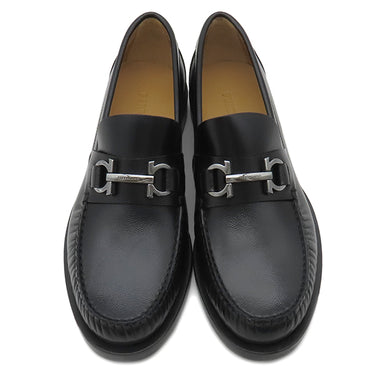 フェラガモ FERRAGAMO FORT ガンチーニ 0762695 ブラック レザー カウハイド 7 1/2 ローファー シルバー金具 黒