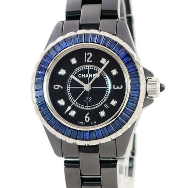 腕時計 シャネル CHANEL J12 38mm H2308 クオーツ メンズ 純正ダイヤ 純正ブルーサファイア 黒 ブラック セラミック デイト 750 K18 WG