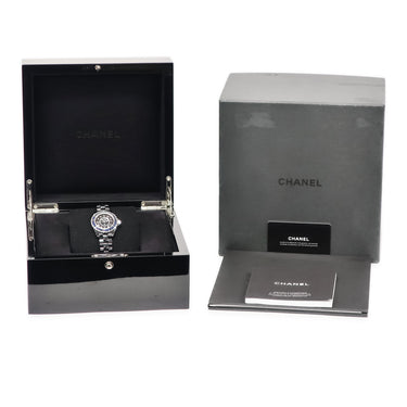 腕時計 シャネル CHANEL J12 38mm H2308 クオーツ メンズ 純正ダイヤ 純正ブルーサファイア 黒 ブラック セラミック デイト 750 K18 WG
