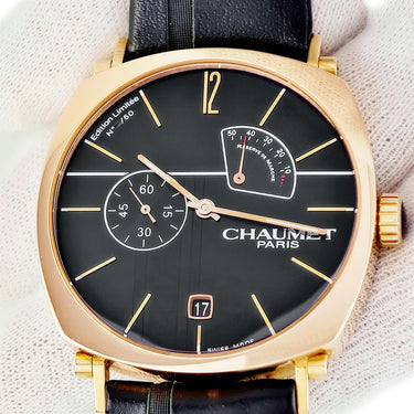 腕時計 ショーメ CHAUMET ダンディ パワーリザーブインジケーター W11884-25B 手巻き メンズ K18PG無垢 ブラック デイト 限定