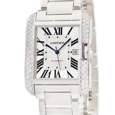 腕時計 カルティエ Cartier タンク アングレーズ XL WT100010 自動巻き メンズ K18WG無垢 純正ダイヤ 青針 ギョウシェ デイト