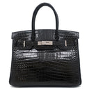 エルメス HERMES バーキン30 ブラック ポロサス ハンドバッグ シルバー金具 黒 クロコ