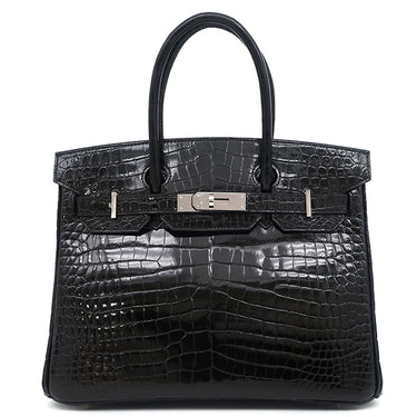 エルメス HERMES バーキン30 ブラック ポロサス ハンドバッグ シルバー金具 黒 クロコ