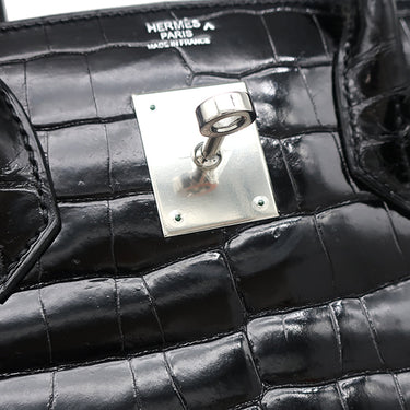 エルメス HERMES バーキン30 ブラック ポロサス ハンドバッグ シルバー金具 黒 クロコ