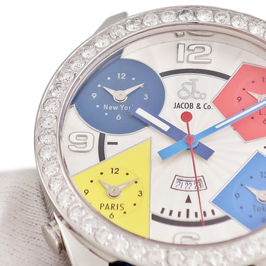 腕時計 ジェイコブ JACOB&CO ファイブタイムゾーン JC-1D クオーツ メンズ 純正ダイヤ ギョウシェ シルバー GMT デイト