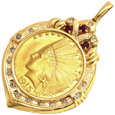 ノンブランド NON BRAND コイン 金貨 イエローゴールド K18YG K21.6YG（コイン） ダイヤモンド ルビー ペンダントトップ 10ドル金貨 アメリカンインディアンヘッド 750 18K K21.6 ネックレストップ ペンダントヘッド