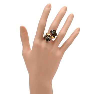 グッチ GUCCI ダブルタイガーヘッド ブラック×ゴールド メタル エナメル 色石 リング 指輪 エナメル ゴールド 虎 トラ とら ラップアラウンド 二重 2連 ミケーレ 9号