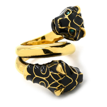 グッチ GUCCI ダブルタイガーヘッド ブラック×ゴールド メタル エナメル 色石 リング 指輪 エナメル ゴールド 虎 トラ とら ラップアラウンド 二重 2連 ミケーレ 9号