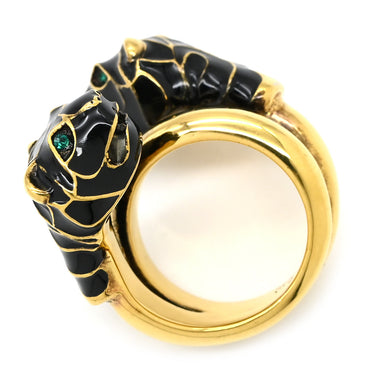 グッチ GUCCI ダブルタイガーヘッド ブラック×ゴールド メタル エナメル 色石 リング 指輪 エナメル ゴールド 虎 トラ とら ラップアラウンド 二重 2連 ミケーレ 9号