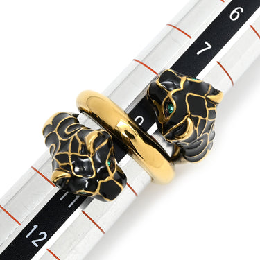 グッチ GUCCI ダブルタイガーヘッド ブラック×ゴールド メタル エナメル 色石 リング 指輪 エナメル ゴールド 虎 トラ とら ラップアラウンド 二重 2連 ミケーレ 9号