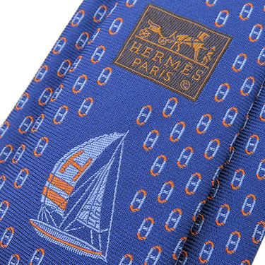エルメス HERMES オセアンH 7cm マリン×シエル×オレンジ シルク ネクタイ 青 オレンジ 総柄 OCEAN H Hロゴ