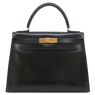 エルメス HERMES ケリー28 外縫い ブラック ボックスカーフ ハンドバッグ ゴールド金具 黒 ショルダーストラップ欠品