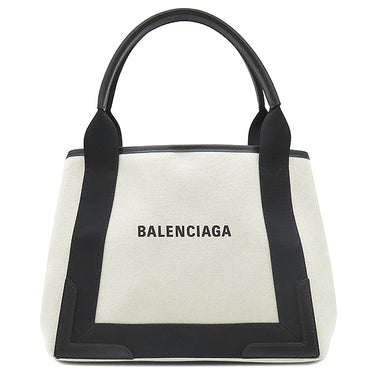バレンシアガ BALENCIAGA ネイビーカバス S 339933 ナチュラル×ブラック キャンバス レザー トートバッグ シルバー金具 アイボリー 黒