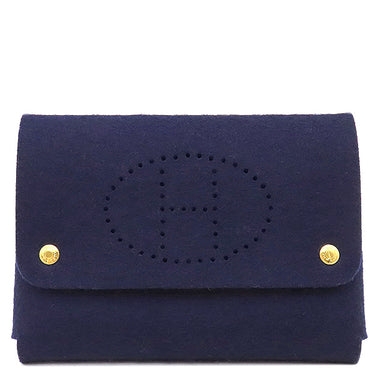 エルメス HERMES エテュイカルトGM トランプケース ネイビー フェルト ポーチ ゴールド金具 紺 Hロゴ パンチング マルチケース