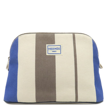 エルメス HERMES ボリードポーチ MM レイユール ロカバール アイボリー×エトゥープ×ブルーアズール コットン ポーチ シルバー金具 オフホワイト グレージュ ネイビー