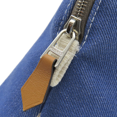 エルメス HERMES ボリードポーチ MM レイユール ロカバール アイボリー×エトゥープ×ブルーアズール コットン ポーチ シルバー金具 オフホワイト グレージュ ネイビー