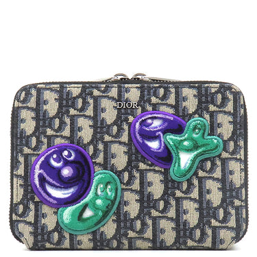 クリスチャン・ディオール Christian Dior オブリーク ケニー シャーフ ネイビー×ベージュ レザー ジャガード ショルダーバッグ シルバー金具 黒 オブリークジャガード