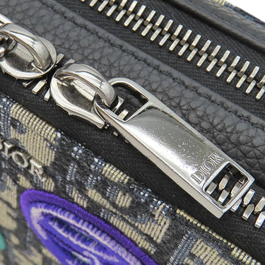 クリスチャン・ディオール Christian Dior オブリーク ケニー シャーフ ネイビー×ベージュ レザー ジャガード ショルダーバッグ シルバー金具 黒 オブリークジャガード